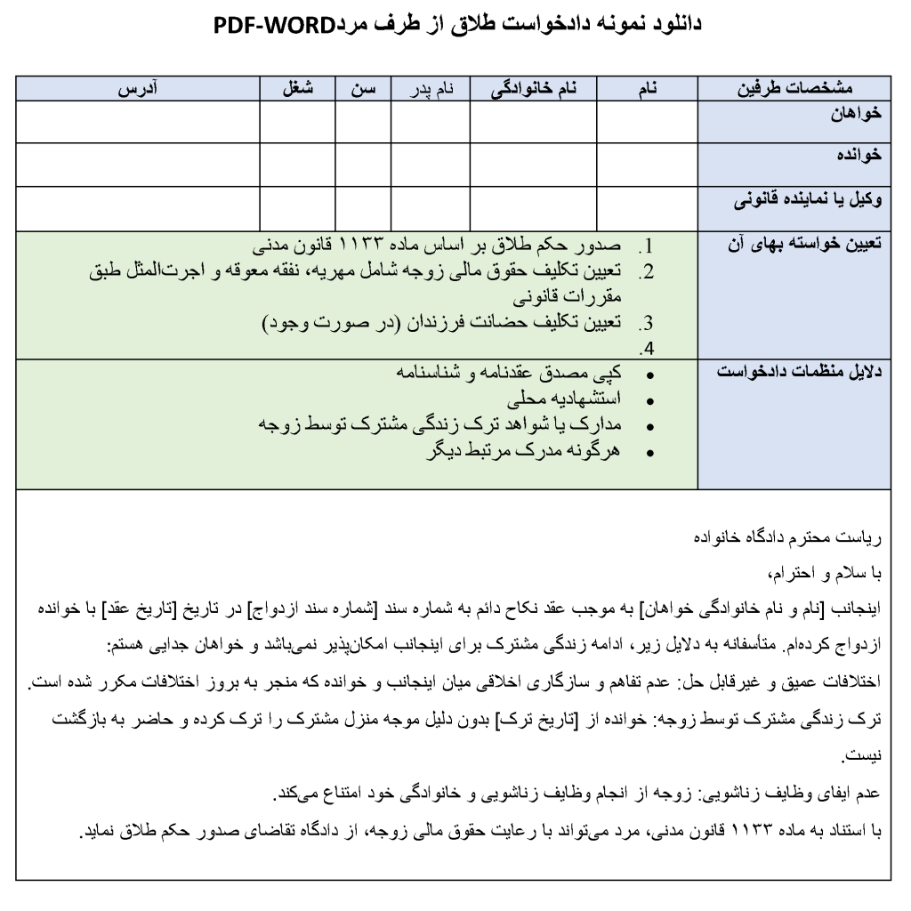 عکس نمونه دادخواست طلاق از طرف مرد