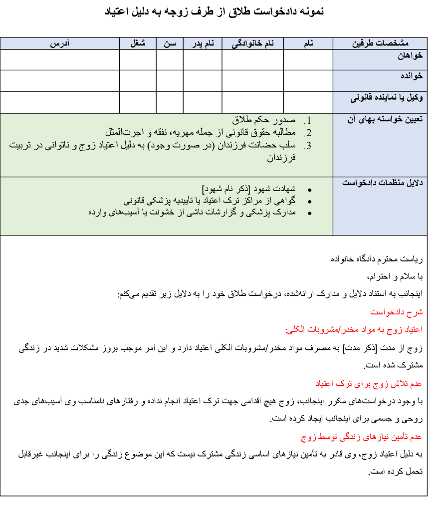 نمونه دادخواست طلاق از طرف زوجه به دلیل اعتیاد