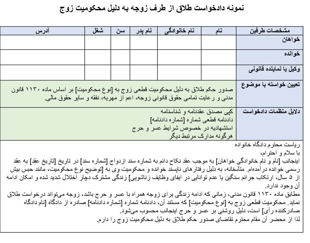 عکس نمونه دادخواست طلاق از طرف زوجه به دلیل محکومیت زوج JPG