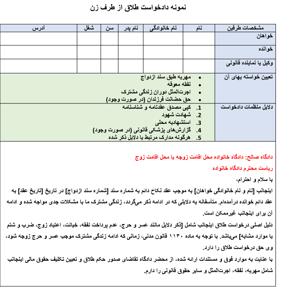عکس نمونه دادخواست طلاق از طرف