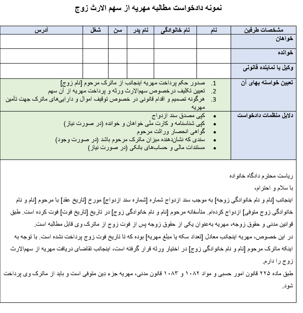 عکس نمونه دادخواست مطالبه مهریه از سهم الارث زوج jpg
