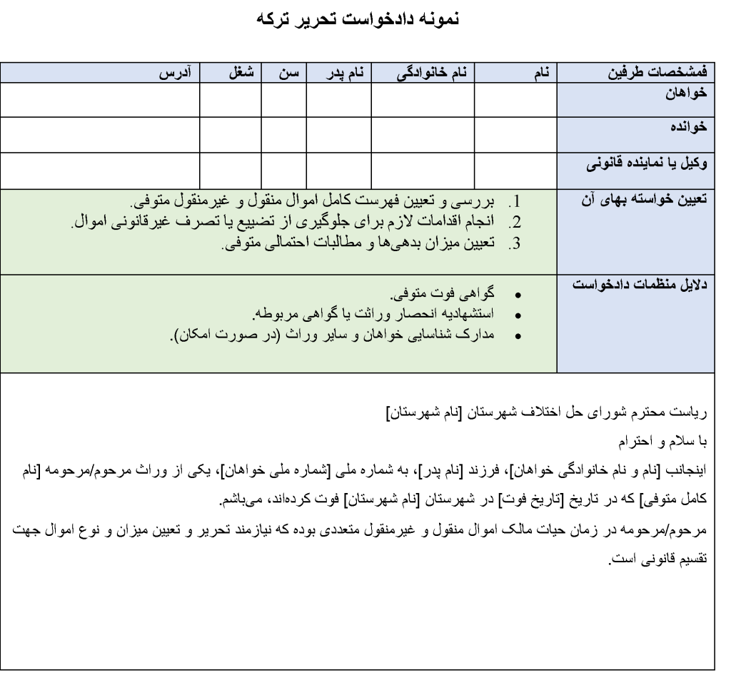 دانلود تصویر نمونه دادخواست تحریر ترکه