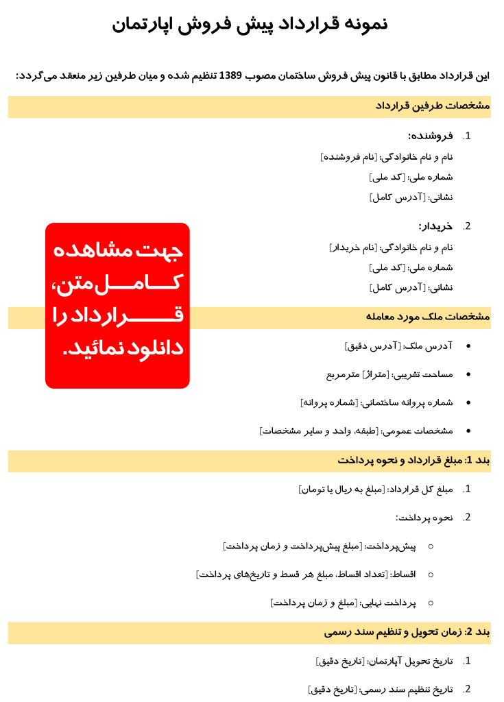 تصویر عکس نمونه قرارداد پیش فروش اپارتمان